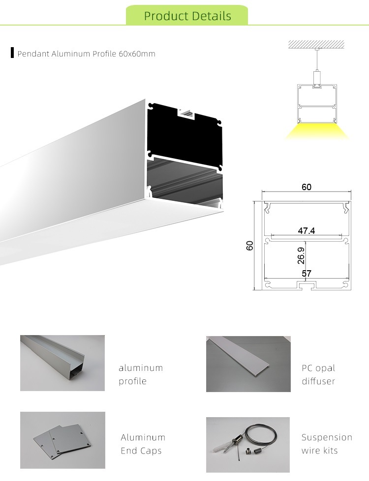 60X60mm Square Pendant LED Linear Light Aluminum LED Profile for LED Strip Light