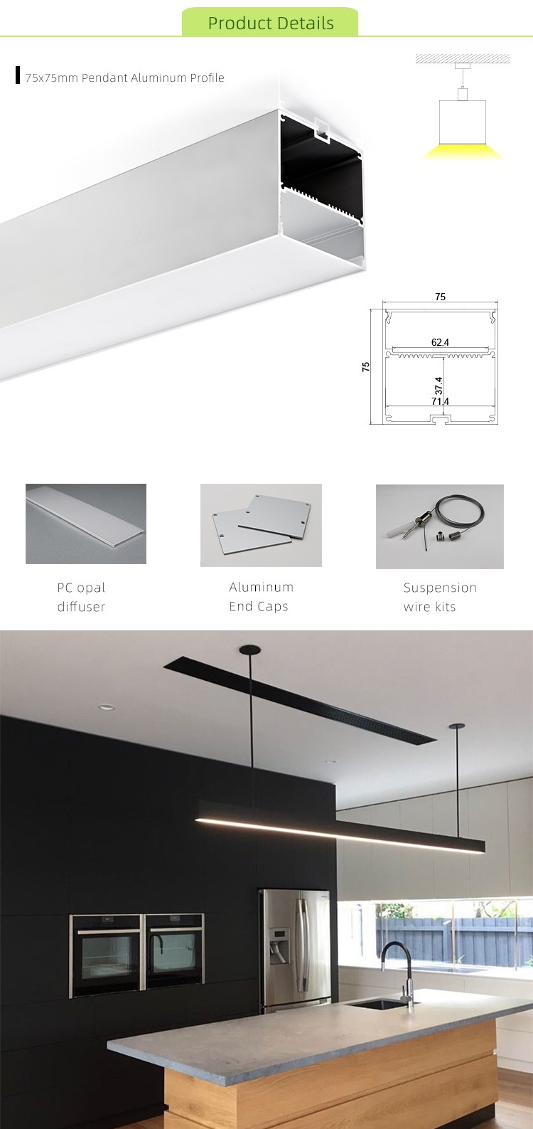 75X75mm Pendant Square Aluminum LED Profile with PC Opal Diffuser for LED Strip Light