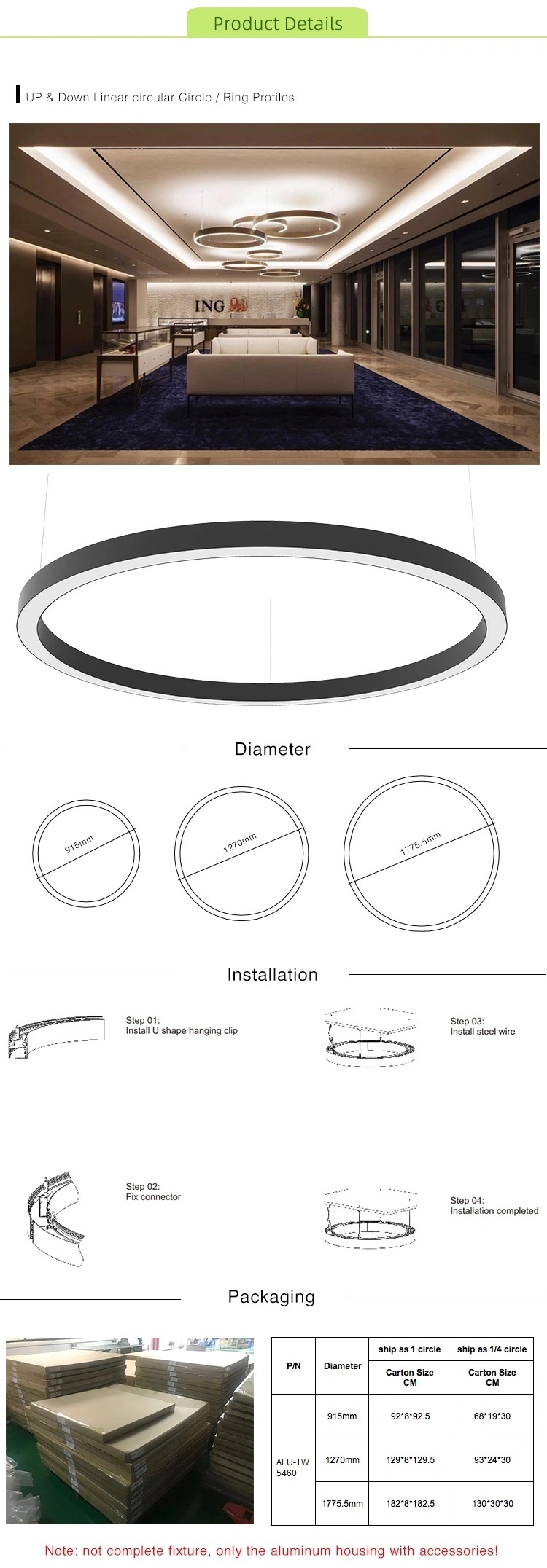 50mm Black Pendant up Down LED Ring Light Aluminum LED Profile